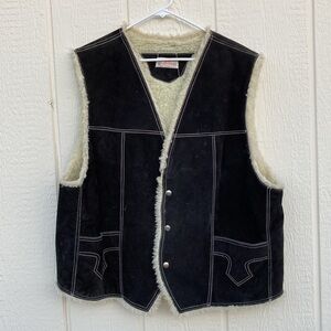 Vintage Mens Genuine Leather Black Suede Sherpa Lined Cowboy Trucker Biker Vest
